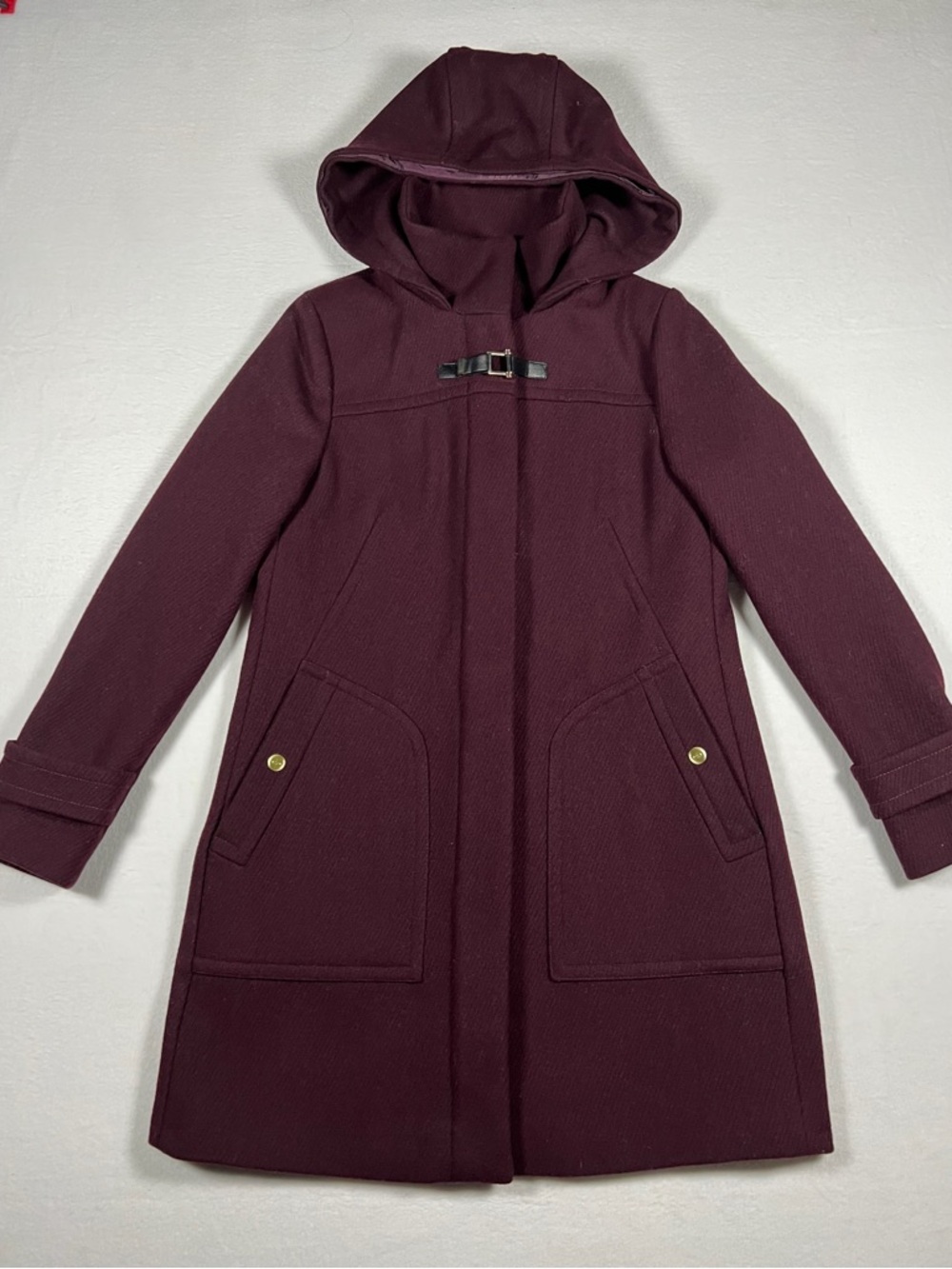 Cole Haan Signature Wool Twill Maroon Duffle Hooded Coat Zipper/Button Wmns Sz 4